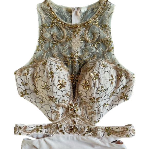 Camille LA VIE Beaded Bodice Gown Blush Pink with Waist & Back Cutouts Size 2 - Picture 9 of 16